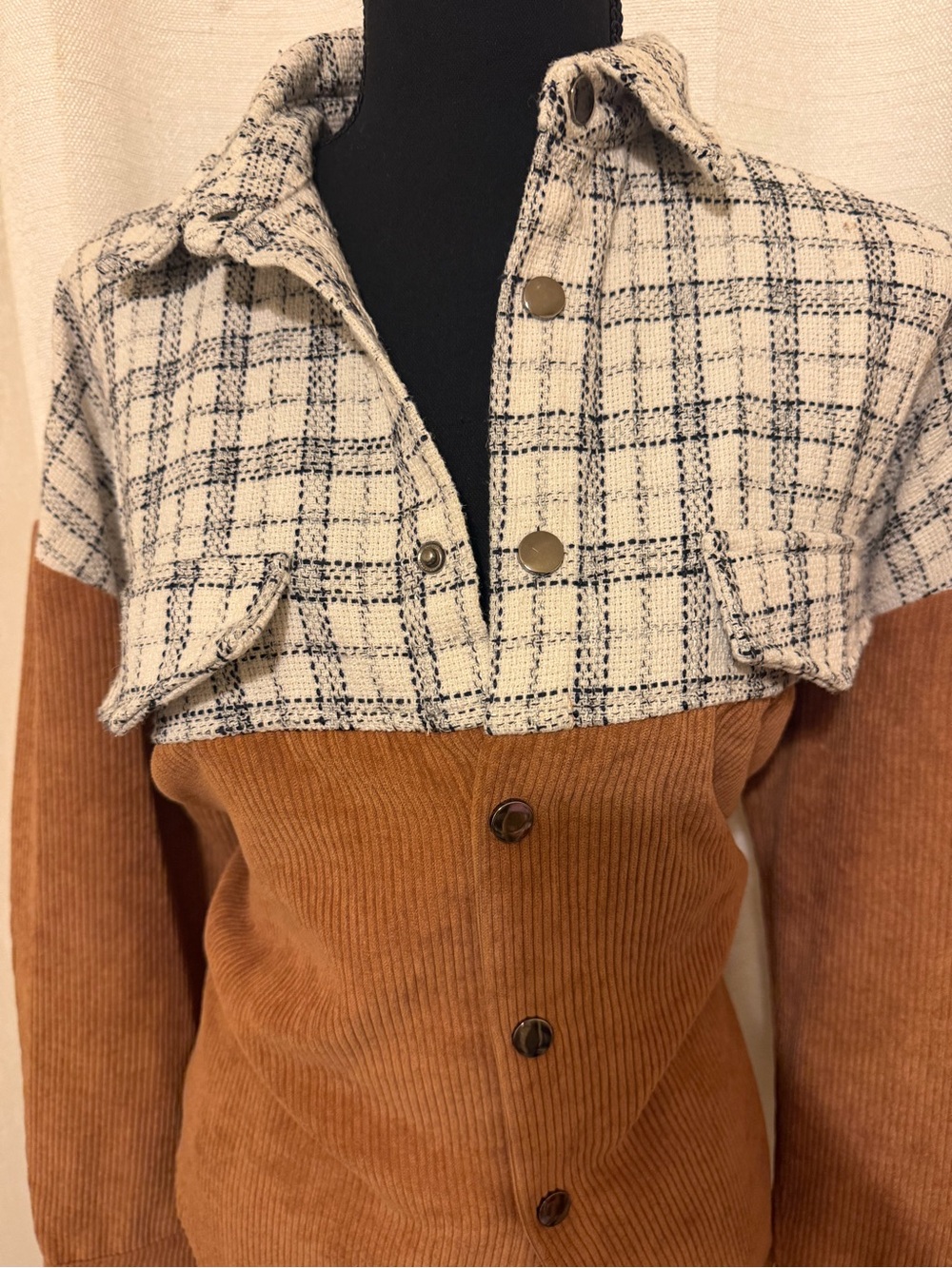 Two-Tone Plaid Yoke Corduroy Utility Jacket in Cream and Brown - Picture 2 of 7
